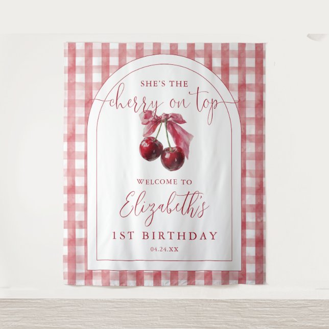 Cherry On Top Bow Birthday Photo Backdrop Tapestry (Front)