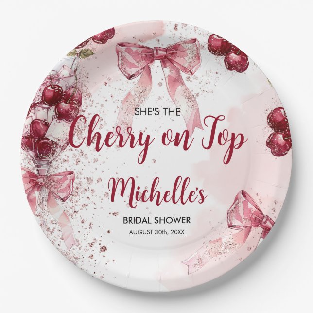 Cherry on Top Bow Cocktail Summer Bridal Shower Paper Plate (Front)