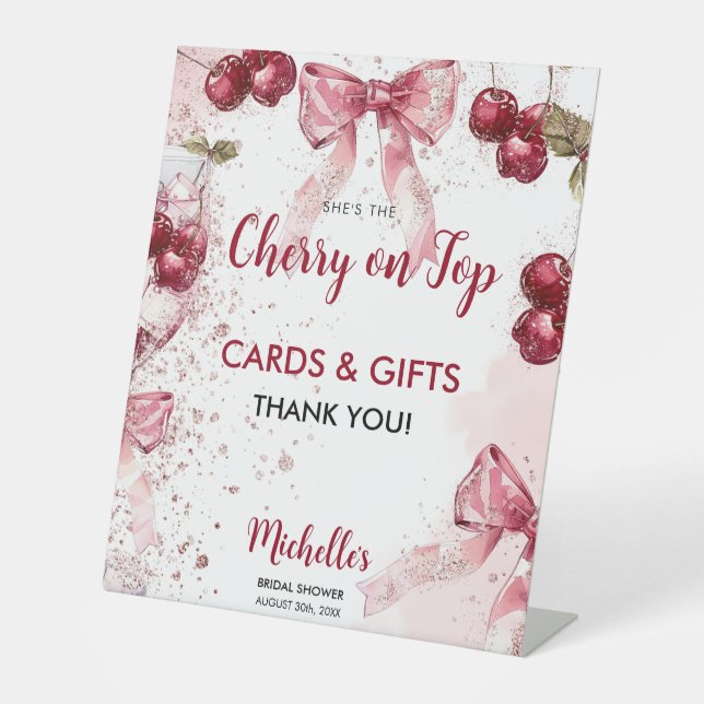 Cherry on Top Bow Cocktail Summer Bridal Shower Pedestal Sign (Front)