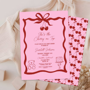 Cherry on Top Bow Pink and Red Baby Shower Invitation