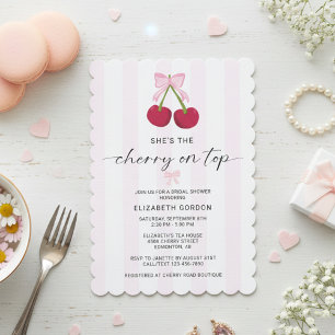 Cherry On Top Bridal Shower Coquette Bow Stripes Invitation