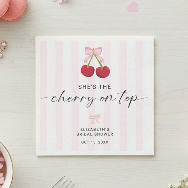 Cherry On Top Bridal Shower Coquette Bow  Stripes Napkin (Creator Uploaded)