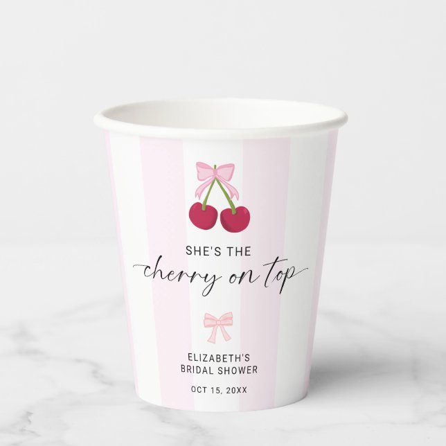 Cherry On Top Bridal Shower Coquette Bow Stripes Paper Cups (Front)