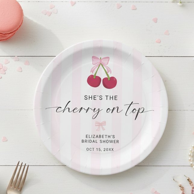 Cherry On Top Bridal Shower Coquette Bow Stripes Paper Plate (Creator Uploaded)
