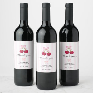 Cherry On Top Bridal Shower Coquette Bow Stripes Wine Label