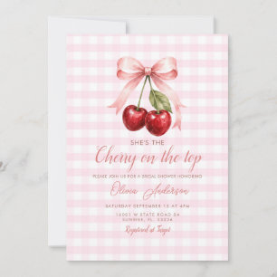 Cherry on Top Bridal Shower Pink Bow Gingham Invitation