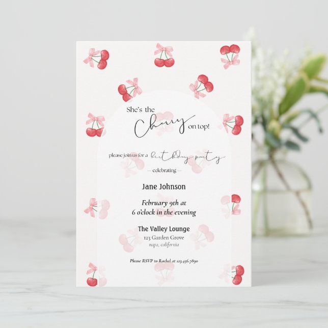 Cherry On Top Cherries & Bows Birthday Invitation (Standing Front)