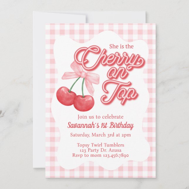 Cherry on top, Cherry Birthday, Any Age, Girl Bday Invitation (Front)