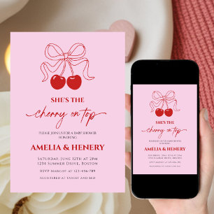 Cherry on Top Cherry Bow Girl Baby Shower Invitation