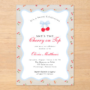 Cherry on Top Coquette Bow Gingham Baby Shower Acrylic Invitations