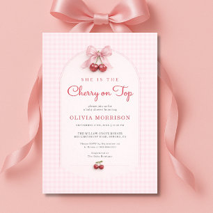 Cherry on Top Coquette Bow Gingham Baby Shower Invitation