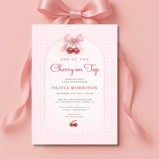 Cherry on Top Coquette Bow Gingham Baby Shower Invitation (Creator Uploaded)