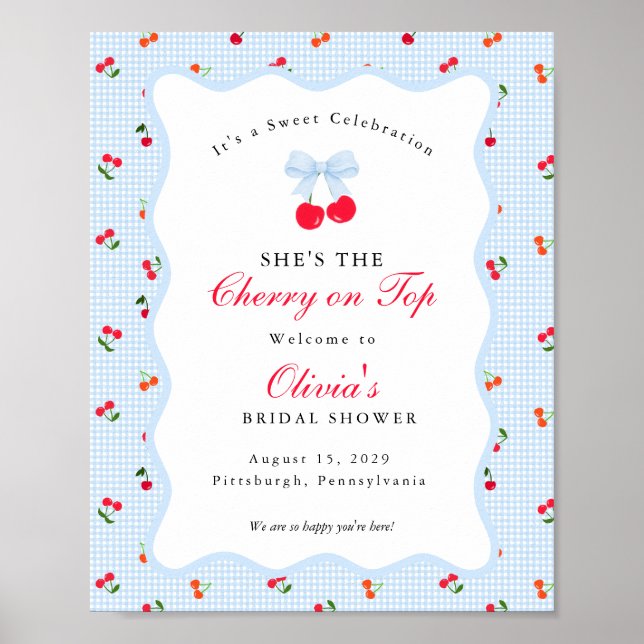 Cherry on Top Coquette Bow Gingham Baby Shower  Poster (Front)