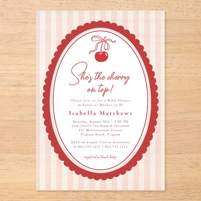Cherry on Top Coquette Bow Pink Baby Shower  Acrylic Invitations (Front)