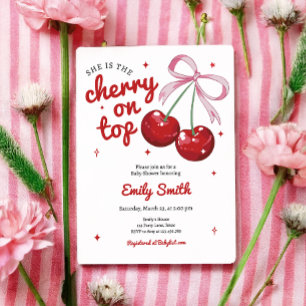Cherry On Top Coquette Bow Pink Girl Baby Shower Invitation