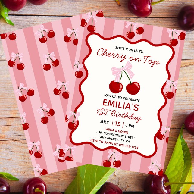 Cherry On Top Coquette Bow Pink Girl Birthday  Invitation (Cherry on Top First Birthday Invitation for Girls with Pink Bow and Fruit Theme)