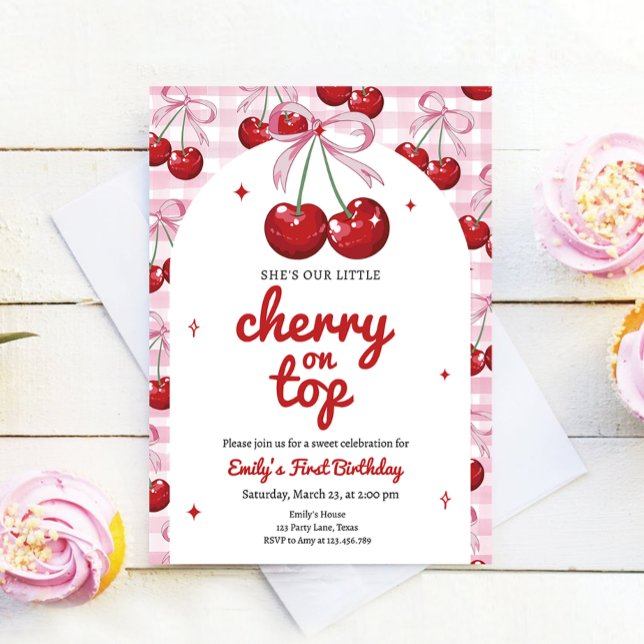Cherry On Top Coquette Bow Pink Girl Birthday Invitation (Creator Uploaded)