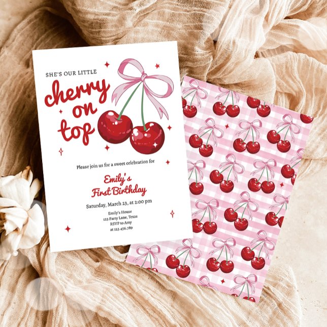 Cherry On Top Coquette Bow Pink Girl Birthday Invitation (Creator Uploaded)