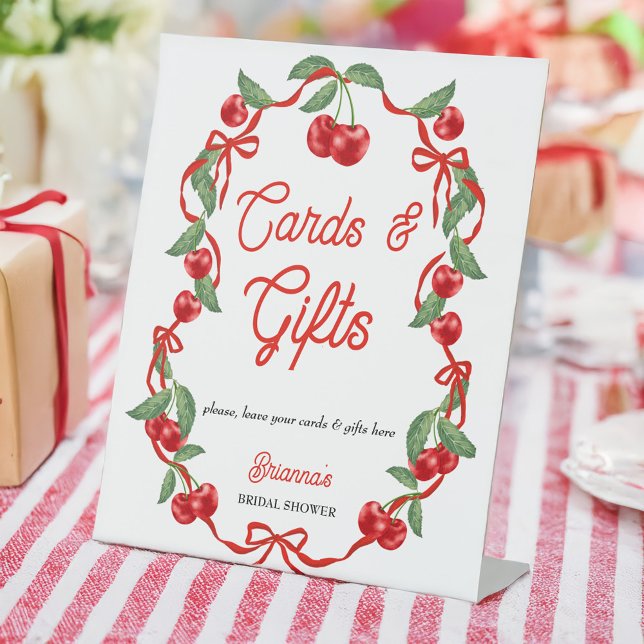 Cherry on top coquette bridal shower gifts sign (Cherry on top coquette summer berry bridal shower personalized gifts table sign)