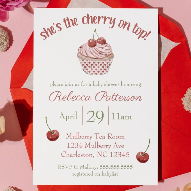 "Cherry on Top" Coquette Cupcake Baby Shower Invitation ("she's the cherry on top" pink and red cupcake girl baby shower invitation coquette cute watercolor)