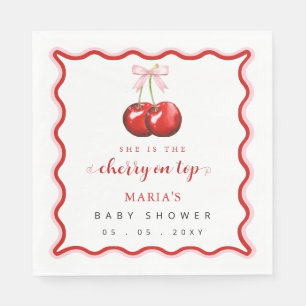 Cherry on Top Coquette Pink Bow Girl Baby Shower Napkin