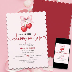 Cherry On Top Custom Coquette Pink Bow Baby Shower Invitation
