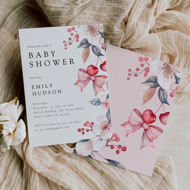 Cherry on Top Cute Bow Coquette Baby Shower Invitation (Creator Uploaded)