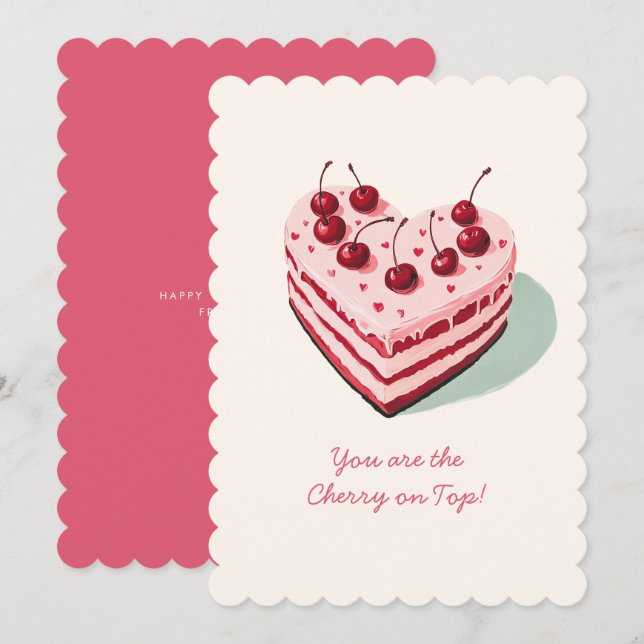 Cherry on Top Cute Heart Cake Valentine's Day Holiday Card (Front/Back)