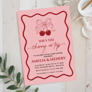 Cherry on Top doodle Bow Girl Baby Shower  Invitation