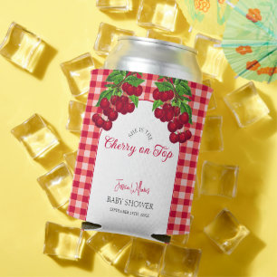 Cherry on top Fall Gingham Plaid Baby Shower Can Cooler