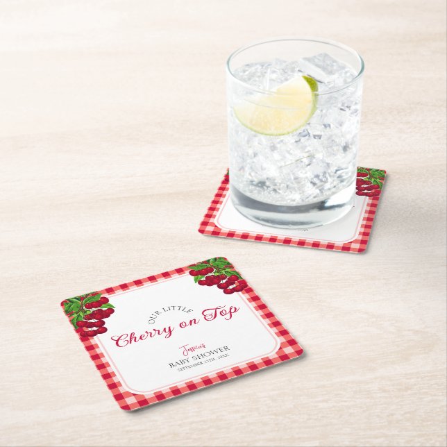Cherry on top Fall Gingham Plaid Baby Shower  Square Paper Coaster (Insitu)