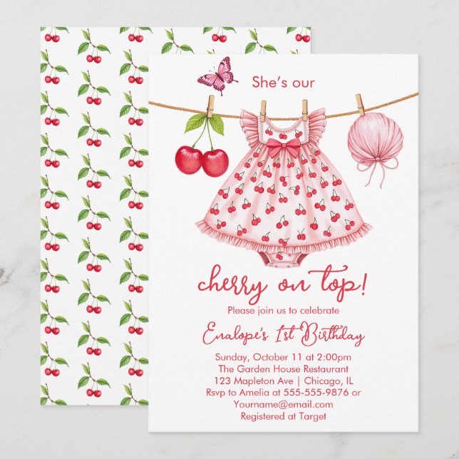 Cherry on top! First Birthday Invitation (Front/Back)