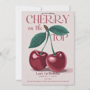 Cherry on Top Girl 1st Birthday Party Pink Invitation