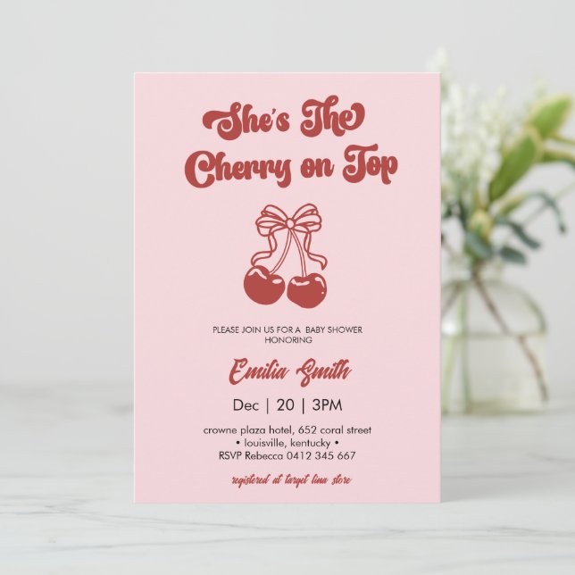 Cherry on Top hand drawn girl Baby Shower Invitation (Standing Front)
