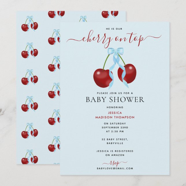Cherry On Top Modern Baby Shower Blue Bow Boy Invitation (Front/Back)