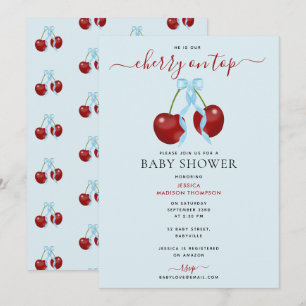 Cherry On Top Modern Baby Shower Blue Bow Boy Invitation