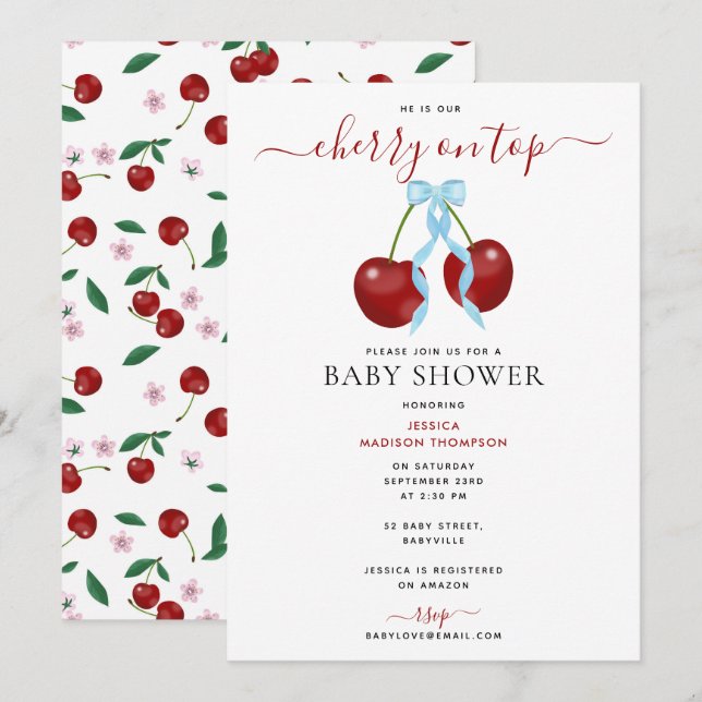 Cherry On Top Modern Baby Shower Blue Bow Boy Invitation (Front/Back)