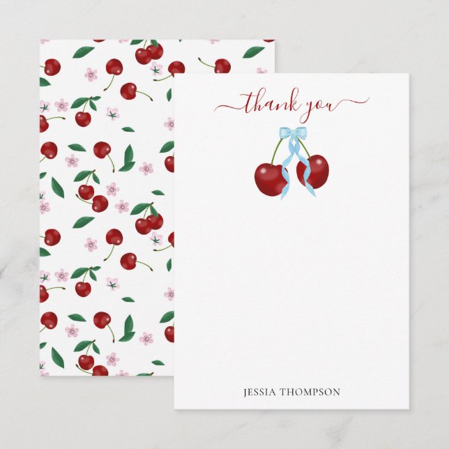 Cherry On Top Modern Baby Shower Blue Bow Boy Thank You Card (Front/Back)