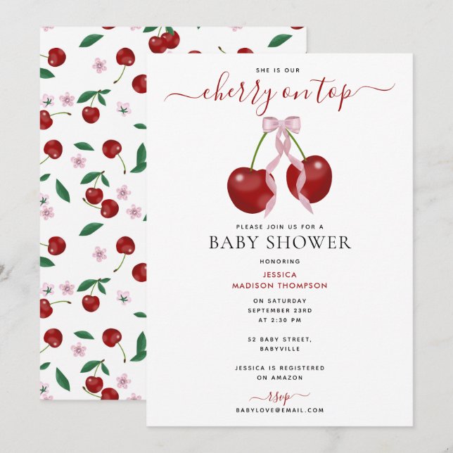 Cherry On Top Modern Baby Shower Pink Bow Girl Invitation (Front/Back)