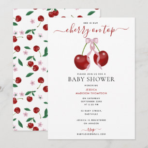 Cherry On Top Modern Baby Shower Pink Bow Girl Invitation