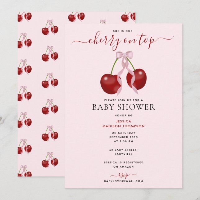 Cherry On Top Modern Baby Shower Pink Bow Girl Invitation (Front/Back)