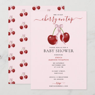 Cherry On Top Modern Baby Shower Pink Bow Girl Invitation