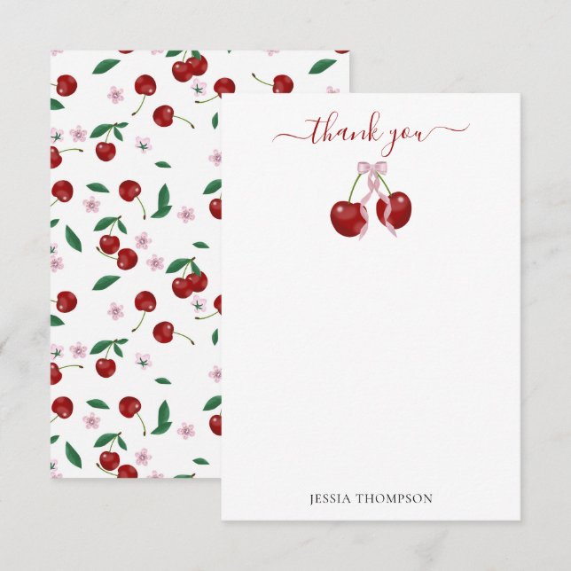 Cherry On Top Modern Baby Shower Pink Bow Girl Thank You Card (Front/Back)