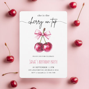 Cherry on Top Pink Birthday Party Invitation