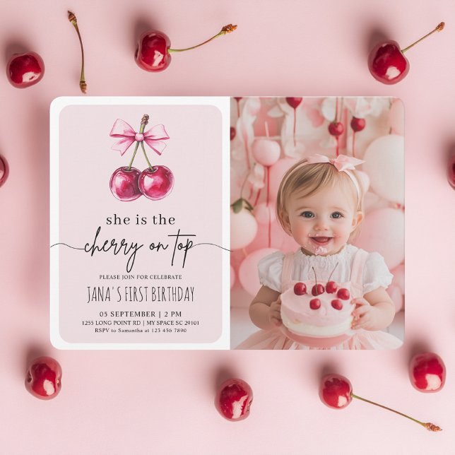 Cherry on Top Pink Birthday Party with Photo Invitation (Creator Uploaded)