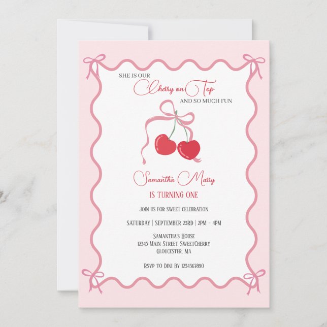 Cherry on Top Pink Bow 1st Birthday  Invitation (Front)