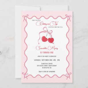 Cherry on Top Pink Bow 1st Birthday Invitation