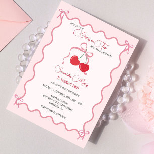 Cherry on Top Pink Bow Any Year Birthday  Invitation
