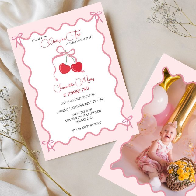 Cherry on Top Pink Bow Any Year Birthday Photo  Invitation (Creator Uploaded)