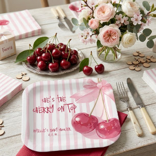 Cherry On Top Pink Bow Baby Girl Shower Paper Plate
